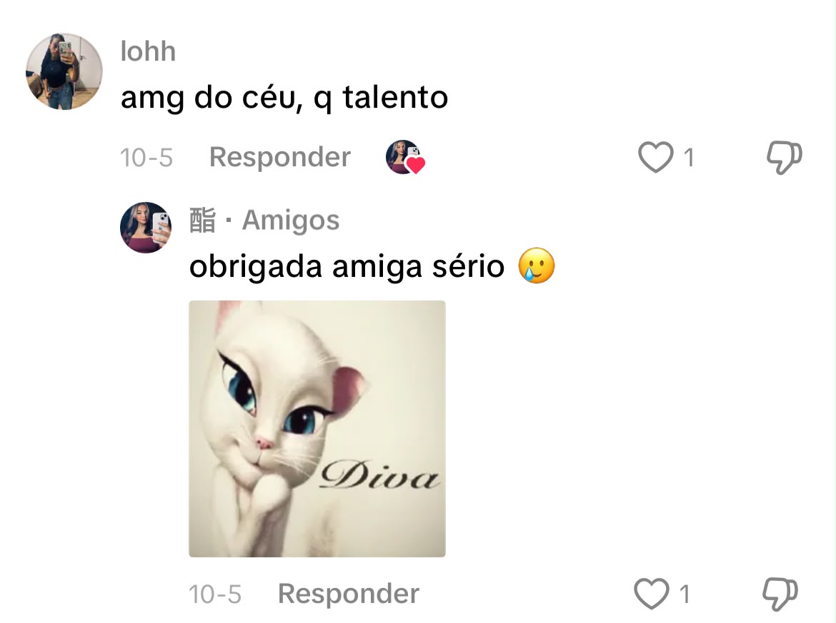 Print real de comentário público no TikTok elogiando o talento dela, com resposta de agradecimento
